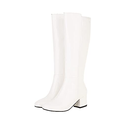 Shinelly Women Gogo Boot Chunky Knee High Patent Leather High Heeled Boots