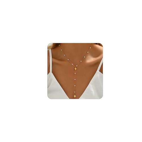 Dainty Cross Drop Y-Shaped Necklace for Women 18K Gold Plated Simple Rosary Beads Chain Lariat Necklace Minimalist Everyday Jewelry