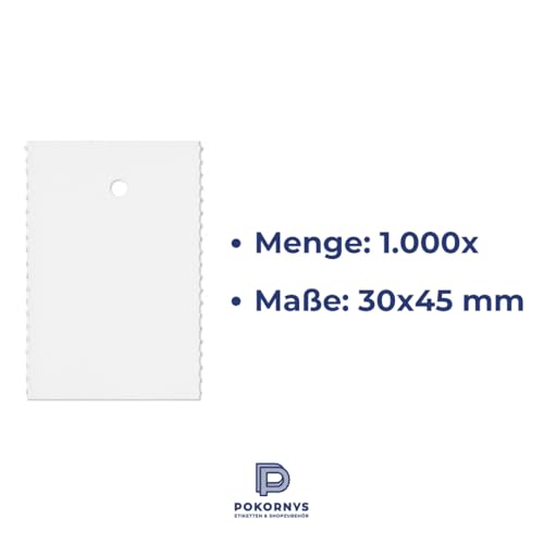 Pokornys – 1000 etykiet kartonowych z otworem (30 x 45 mm) – niekończące się etykiety na rolce z perforacją do odrywania – etykiety cenowe z dziurkowaniem nici 3 mm na nici zabezpieczające i nici zszywek (lanko/białe)