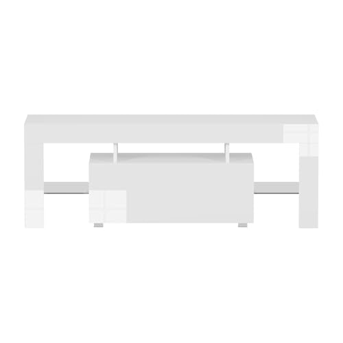 Redd Royal 130cm TV Stand Cabinet White High Gloss with Led Light for 32"-65" TV, Modern TV Unit Entertainment Center Console Cabinet with Large Storage Drawer Glass Shelves for Living Room Bedroom