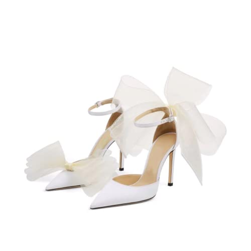 Keleimusi Womens Wedding Pumps With Asymmetric Grosgrain Mesh Fascinator Bows Ankle Strap Dress Sandals White cover