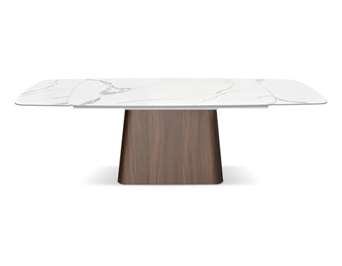PAZZO DESIGN Table extensible Teresa, plateau en céramique blanc statuaire, pieds en noyer, cuisine, salon, céramique, 160 x 90 x h76 cm - id_2121