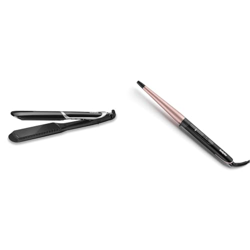 BaByliss Lisseur Sleek Control Wide avec plaques Tourmaline-Céramique et peigne amovible Noir/Argenté, 35mm & Boucleur Professionnel Conical Wand en Quartz - Céramique C454E Noir et Rose Gold 13-25 mm