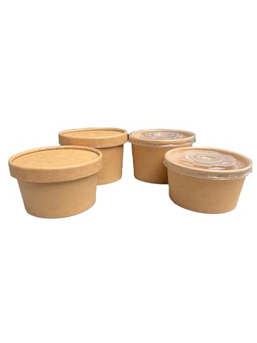 We Can Source It Ltd Round Kraft Sauce Portion Paper/Plastic Pot 6oz - Pack of 100 - With Plastic Lids