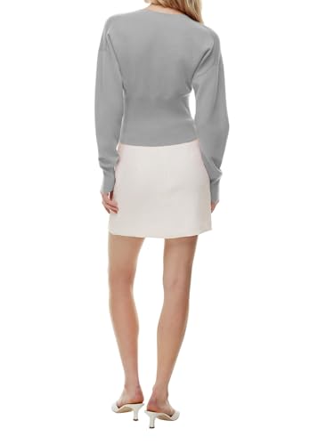 Womens Casual Cropped Sweaters Button Down V Neck Long Sleeve Pullover Fall Solid Ribbed Knit Slim Fit Cardigan Grey4