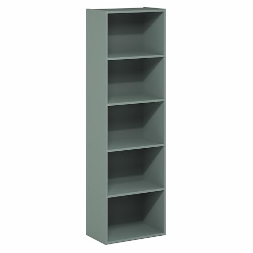 Image of Furinno LUDER Book Shelf, 5-Tier Bookshelf, Bookcase with Open Shelves, 9.4 x 15.8 x 52, Easy Assembly, for Living Room, Bedroom, Home Office, Sage Green