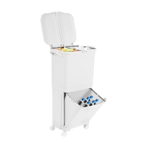 Susoso Cubo de basura de cocina, sistema de separación de basura de 45 L con 4 ruedas universales para la separación de residuos, ideal para hogares, 33,4 x 24,3 x 79,5 cm, color blanco