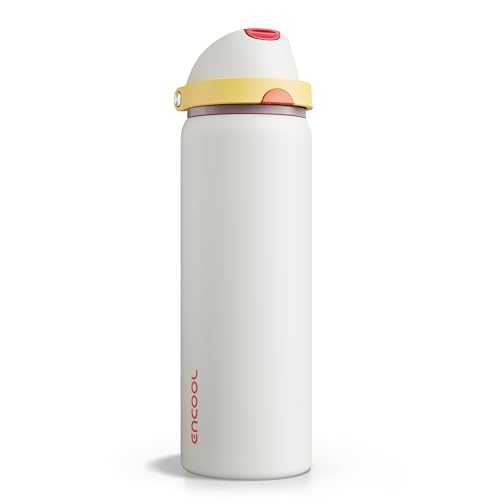 Image of Insulated Water Bottle with Straw - Encool Stainless Steel Water Bottle with Push Button Lid, Leak-Proof & BPA-Free, Keeps Cold for 24 Hours for Sports, Travel, Gym (32 oz, Quill Grey-Red)