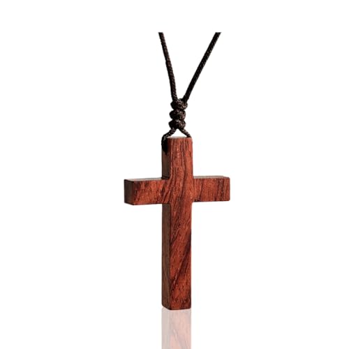 Holy Fringe Natural Rosewood Wood Cross Necklace for Men & Women - Wood Cross Pendant Necklace for Car Mirror - Wooden Religious Pendant Jewelry (1.5 x 0.94)