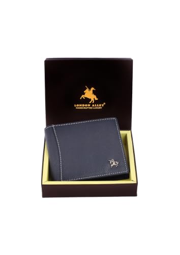 Image of LONDON ALLEY Slavia Blue Leather Wallet for Men, 6 Card Slot | RFID Protected