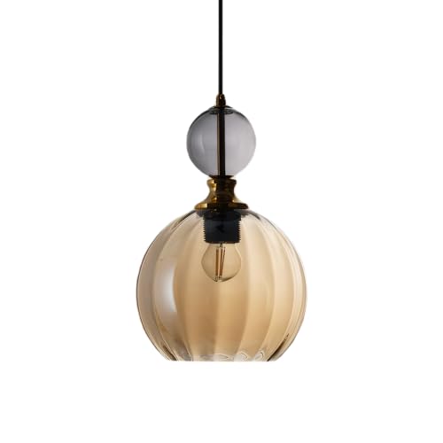LFsem Lampada a Sospensione in Vetro Soffiato a Mano Colorato, Globo Rigato con Accenti Metallici Dorati, Lampadario E27 Regolabile per Cucina Sala da Pranzo Camera da Letto (Ambra)