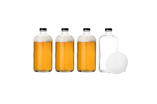 kitchentoolz 32 Ounce Air Tight Beer & Kombucha Growler Bottles with Funnel - Large Extra Strength Glass Bottles - Carbonation, Fermentation & Flavoring Kombucha, Tincture, Chemical Storage