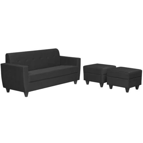 Image of FURNY Aura 3 Seater Fabric Sofa Set with 2 Puffys for Living Room - (Dark Grey)