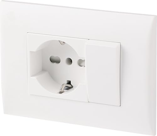 Electraline 22120 Blocco Presa Universale + Deviatore con Placca/Set Placca Premontata 1 Presa universale P40 16A + 1 Deviatore 10A, due viti di montaggio, Bianco