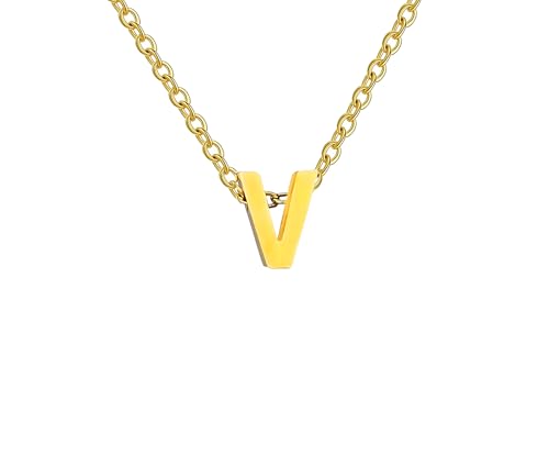 Collar para mujer con letra inicial con Hermosa caja de regalo. Acero inoxidable Colgantes con letras bisutería barata sobre con mensaje original Amigos Novios (V - Dorado)