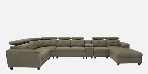 Image of Torque Arnold Fabric 8 Seater Sofa with Lounger and Cup Holder Beige | Corner Sofa Couch with Moveable Headrest | U Shape Sectional Sofa Set Living Room Office Home