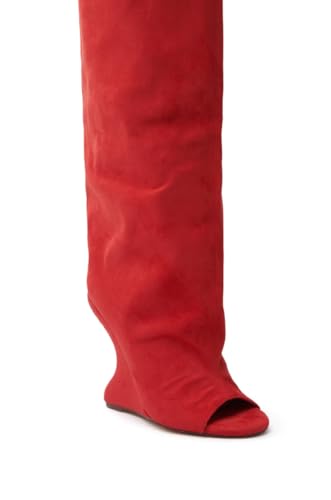 Atuelang Women's Slouchy Suede Knee High Boots Open Toe Pull On Tall Inverted Wedge Heel Boots4