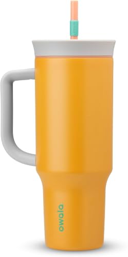 Image of Owala Stainless Steel Triple Layer Insulated Travel Tumbler with Spill Resistant Lid, Straw, and Carry Handle, BPA Free, 40 oz, Orange (Tropical) (Pack of 6)