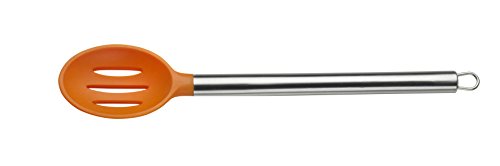 Pintinox Cucchiaio forato da cucina Orange in silicone, colore arancione, con manici in acciaio inox, Resistente al Calore, Sicuro per Padelle Antiaderenti, Lavabile in lavastoviglie