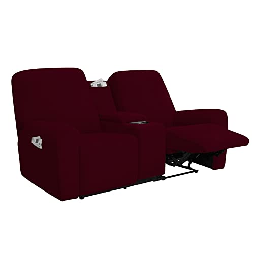 Image of Easy-Going Stretch Recliner Loveseat Cover with Center Console Sofa Slipcover Soft Fitted Fleece 2 Seats Couch with Holder and Storage Washable Furniture Protector Wine
