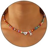Stocking Stuffers for Teen Girls - Initial Necklaces for Girls Colorful Beaded Charm Letter Alphabet Choker Bohemian Gold/Sliver Plated Pendant with Heart-shaped Metal Y2K Boho Necklace teen girl gifts trendy stuff Christmas Gifts for Girlfriend Wife