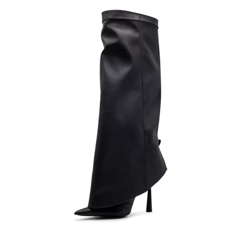 Image of Goolita Fold Over Boots For Women, Pointed Toe Stiletto Heel Knee High Boots Fashion Comfortable Slip On Tall Boots
