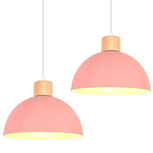 iDEGU Set of 2 Retro Pendant Light Fixtures E27 Ceiling Light Modern Scandinavian Style 25cm Hemisphere Hanging Lampshade Metal Wood Pendant Light for Bedroom Dining Room Kitchen Restaurant (Pink)