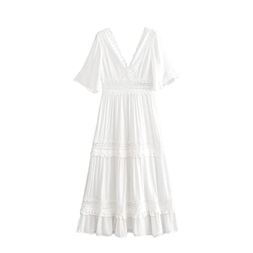 Vestido de Novia Bohemio de Encaje para Mujer Vestido Largo Acampanado de Verano Vestido de Playa con Cuello en V de Manga Corta Vestido Informal de Cintura Alta con Volantes Vestido de Fiesta S-L Cover