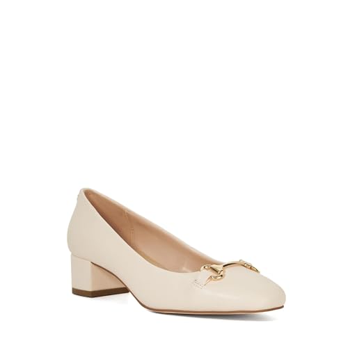 Dune London Ladies BORDERING Buckle Detail Block Heel Court Shoes Size UK 6 Ecru