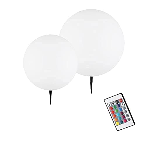 Dapo 2x Hochwertige LED-Außen-Garten-Solar-Kugel-Leuchte BIRTA mit Spieß, USB-Kabel und Fernbedienung, Reichweite 6m, Kunststoff 2 x LED farbechselnd-tageslichtweiß, IP44 (Durchmesser 20cm + 25cm)