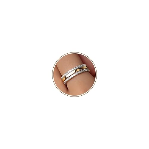 Stackable Dainty Index Finger Rings for Women Non Tarnish Minimalist Two Tone Mixed Metal Thin Eternity Band Set 14K Gold & Sterling Silver Plated Cubic Zirconia Hypoallergenic Wedding Rings Size 7