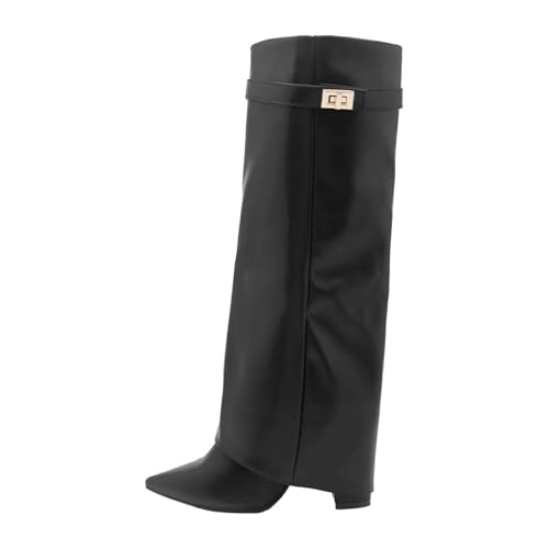 Knee High Boots for Women Fold Over Knee High Boots Chunky Heel Pointed Toe Long Boots Zipper Tall Boots
