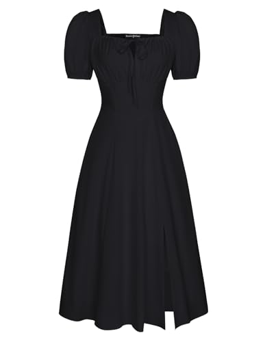 SCARLET DARKNESS Renaissance Dress for Women Square Neck Puff Sleeve Vintage Dresses with Slit Black S