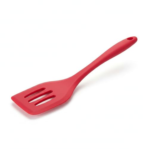 Image of DecorTwist Silicone Turner Spatula | Heat Resistant Kitchen Utensils for Cooking, Baking | BPA-Free, Food Grade Wooden Handle Nonstick Flipper for Fish, Eggs, Omelets (8X 0.2X 32cm,91g) Red
