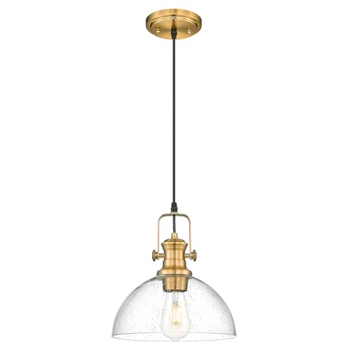 Image of 10.5 inch Gold Pendant Lights Kitchen Island, Seeded Glass Shade | Farmhouse Vintage Hanging Light for Dining Room, Clear Seeded Glass Shade, Adjustable Height, E26 Base, AD-22151-1PL-GD