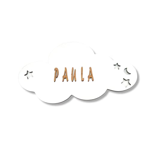 VEJO | Placa en Forma de Nube Personalizable | Decoración en Madera | Decoración Infantil con Nombre Personalizado | Cartel con Adhesivo para Cabecero, Puerta y Pared / Medidas 25x15 cm Cover