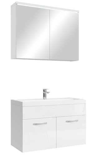 Badplaats B.V. Meuble de Salle de Bain Paso 02 80 x 40 cm lavabo Blanc Brillant – Armoire de Rangement Miroir Armoire Miroir