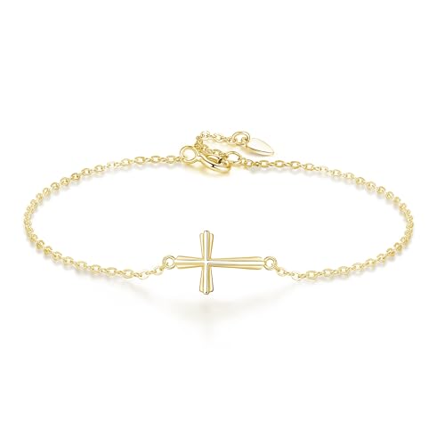 GAVU Bracelet Croix Chrétienne Femme, Bracelet Argent 925 Plaqué Or 14k, Cadeau pour Elle/Femme/Mère