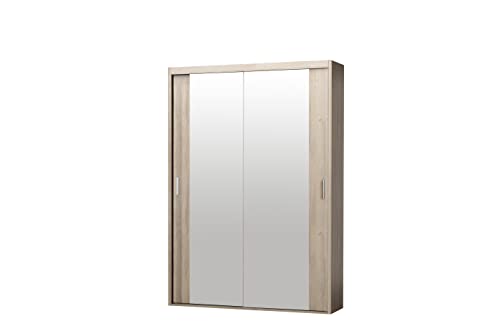 Grekpol-Kleiderschrank Schwebetürenschrank mit Spiegel 2-türig Schrank mit Einlegeböden und Kleiderstange Gaderobe Schiebtüren Angelo (140x205 cm, Sonoma) Cover
