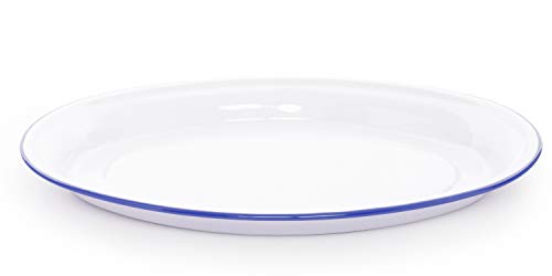 Crow Canyon Home Enamelware Oval Platter, 17.5 inch, Vintage White/Blue