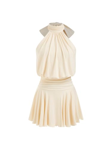 CIDER Womens Stand Collar A Line Mini Dress with Scarf: Cream, XS