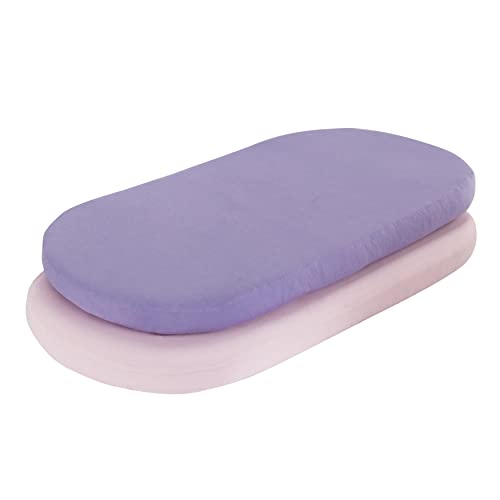Image of 2-Pack Bassinet Sheets - 100% Cotton Jersey Knit Purple and Pink Bassinet Mattress Pad Fitted Sheets for Baby Girl; Compatible with Bassinet Bedside Co-Sleeper Lounger Brands; Oval Rectangle Mattress
