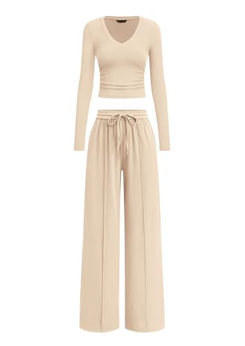 PRETTYGARDEN Women's 2 Piece Lounge Sets Matching Clothing, Beige,L