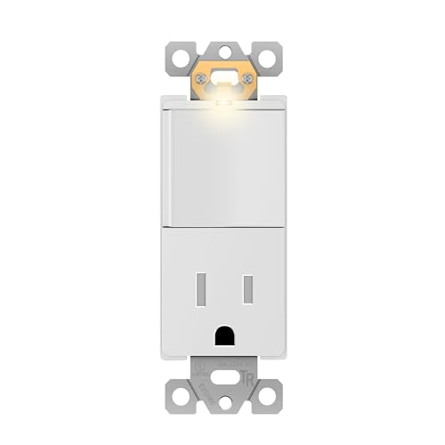 LIDER Matte Finish Lighted Combination Decorator Switch and Tamper-Resistant Receptacle, Single Pole, Residential Grade, 15A 120V-125V, UL Listed, LCS1-1PTR-W, White