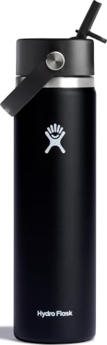 Hydro Flask Water Bottle - Insulated Stainless Steel - Wide Straw Lid, Non Spill, Leakproof in 24 Oz Black