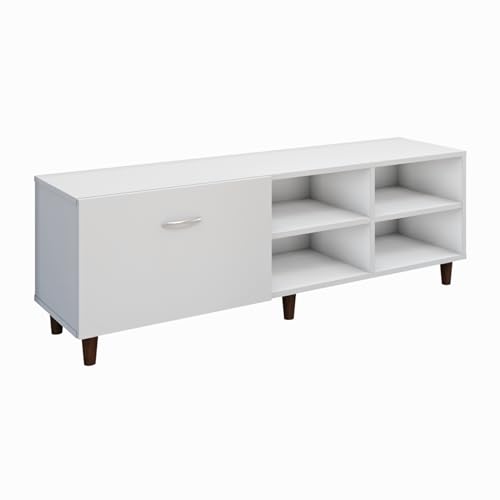 Image of VIKI Modern TV Unit for Living Room | Engineered Wood TV Cabinet with 1 Drawer Storage & 2 Open Shelves, Set Top Box Stand, Entertainment Unit, 140W x 48H x 40D cm | DIY | 1 Year Warranty (White)