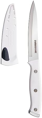 Farberware Edgekeeper Triple Riveted Fine-Edge Utility Knife with Self-Sharpening Blade Cover, High Carbon-Stainless Steel Kitchen Knife with Ergonomic Handle, Razor-Sharp Knife, 4.5 Inch, White