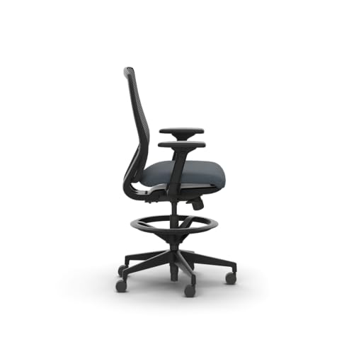 Image of HON Nucleus Task Stool, Ergonomic Office Chair, Home Office Desk Chairs, Synchro-Tilt with Seat Slider, Adjustable Footring, Height-Width Adjustable Arms, Black Mesh, Darkness Fabric, Black Frame