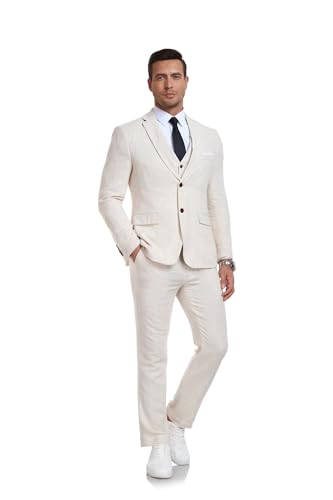 Men's 3-Piece Linen Suit Casual Slim Fit Vintage Suits Groomsmen Tuxedos Wedding Summer Beach Prom Blazer Pants Set