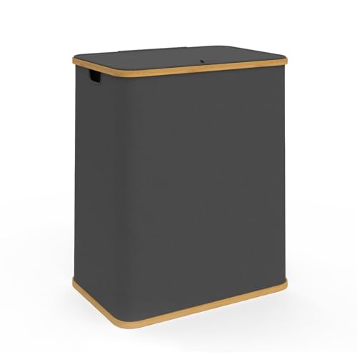 IDMarket - Panier à linge 140 L 2 bacs amovibles bambou RITA tissu gris anthracite